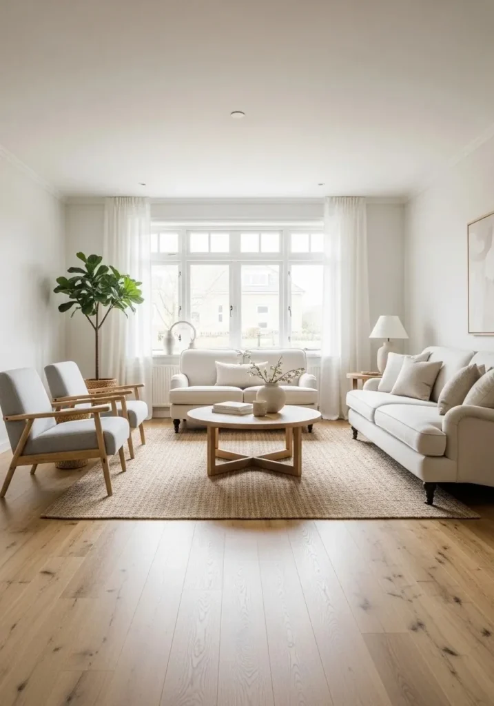 Light wood flooring in Japandi living room design