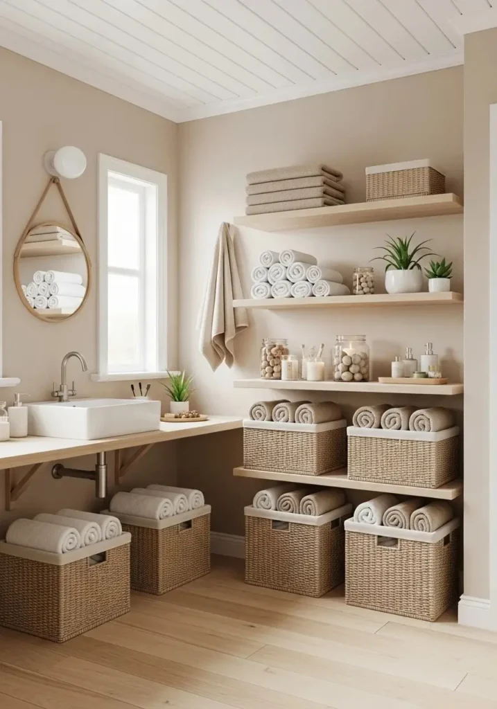Woven baskets organizing towels and toiletries in a small bathroom.