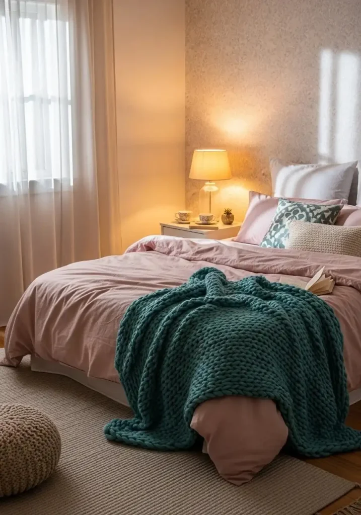 Pink bedding with teal knit throw in a cozy bedroom setup