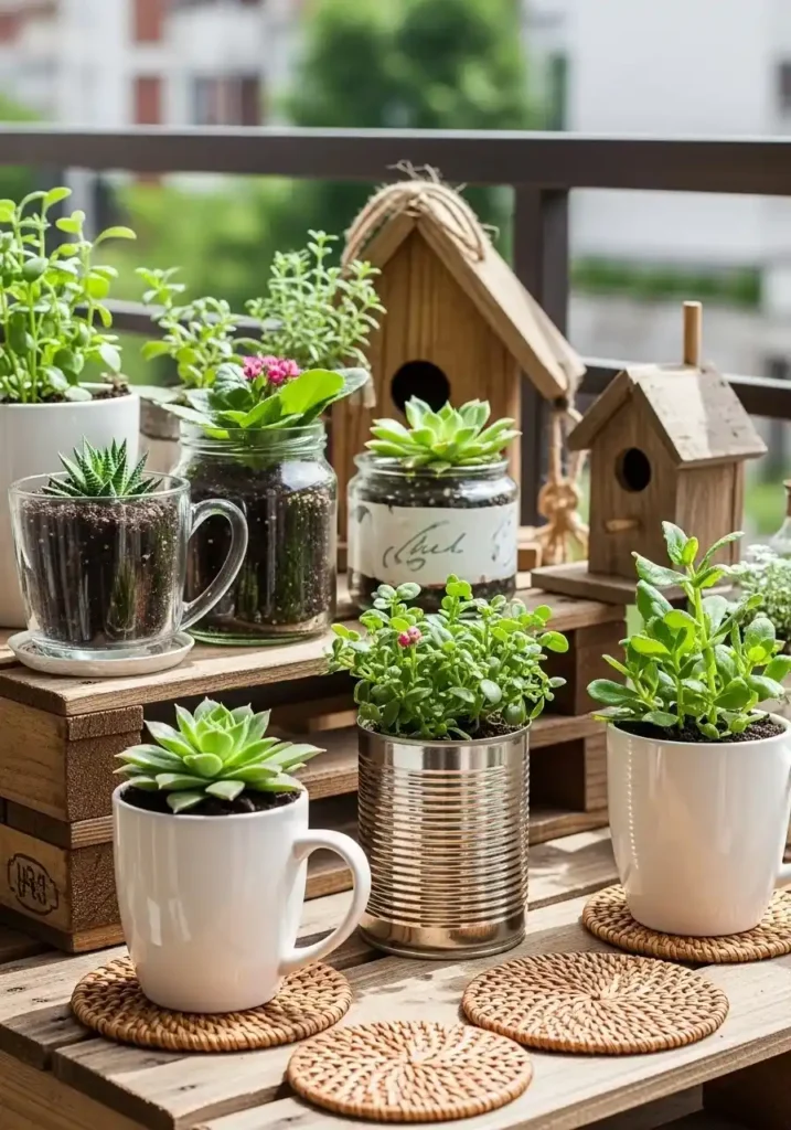 Upcycled containers used as unique plant pots in a DIY home setup