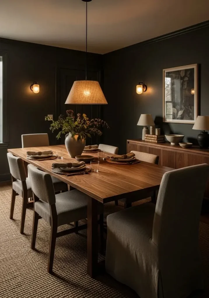 moody dining room with warm wood tones and dark walls