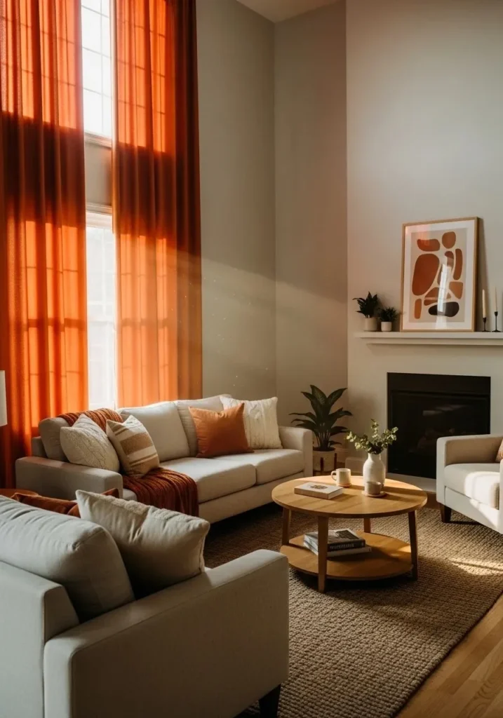 Burnt orange curtains softening sunlight and warming the living room atmosphere