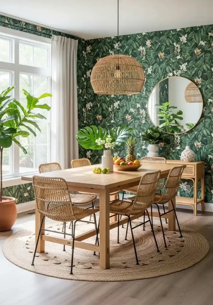 Dining room with botanical green wallpaper bringing fresh and lively nature-inspired design