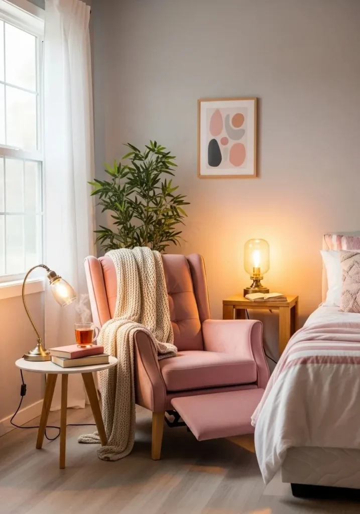 Pink accent chair creating a cozy and stylish bedroom corner