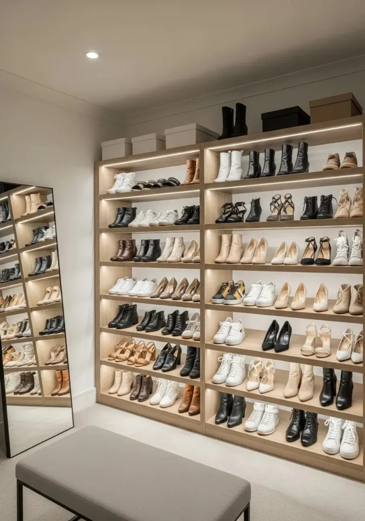 Organized shoe shelves in small walk in closet