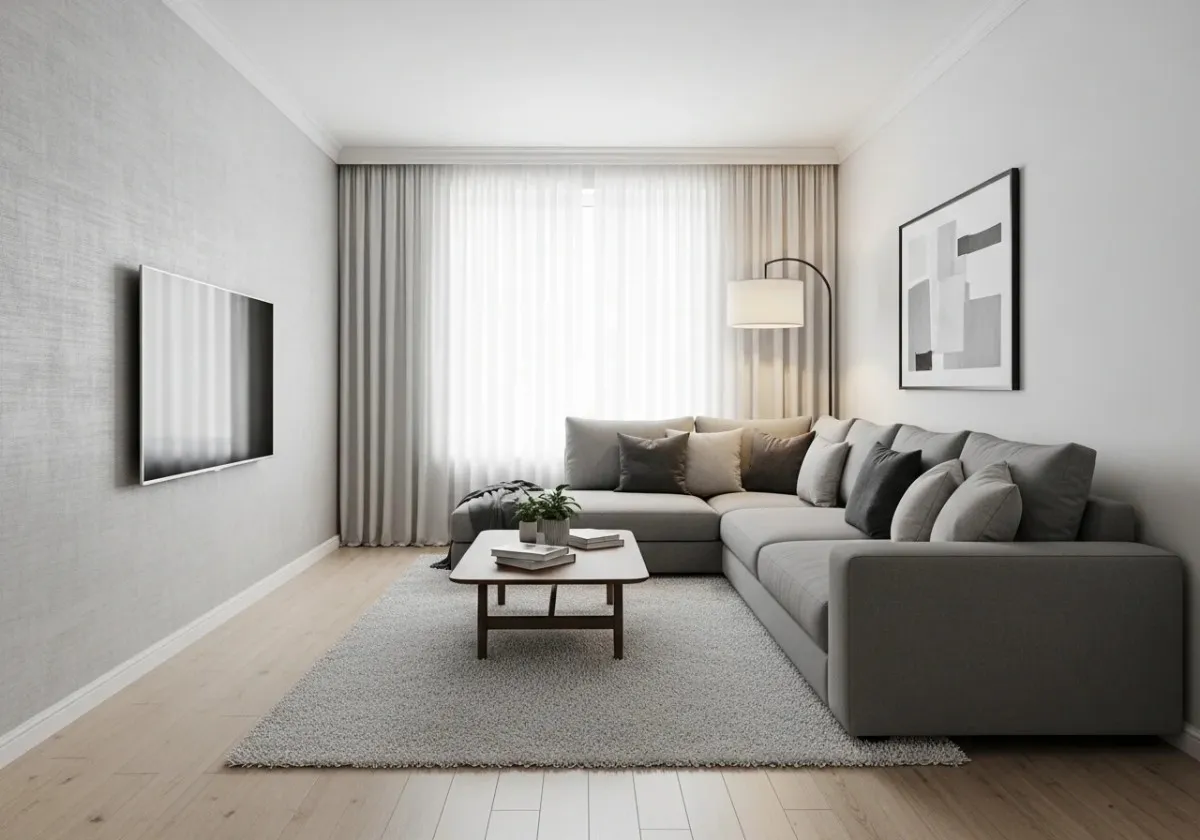 Full view of grey couch living room look