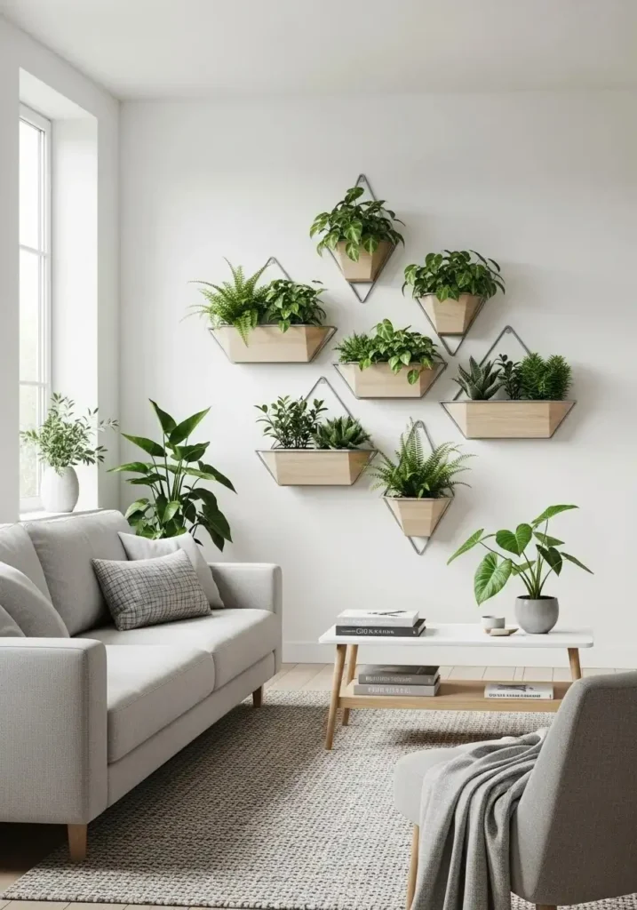Wall-mounted planters arranged in a modern vertical garden design