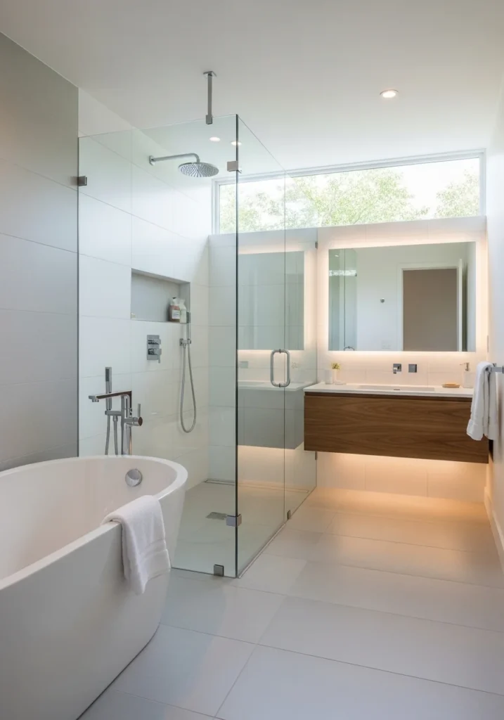 Glass partition separating tub and shower in compact bathroom design