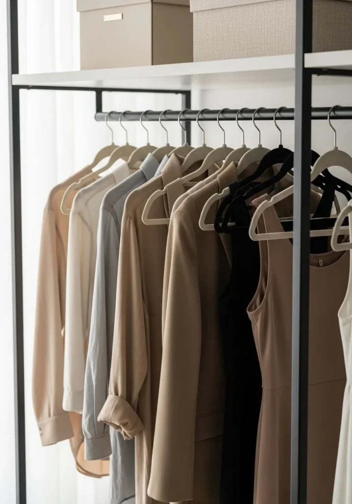 Closet with matching velvet hangers creating a clean and organized aesthetic look