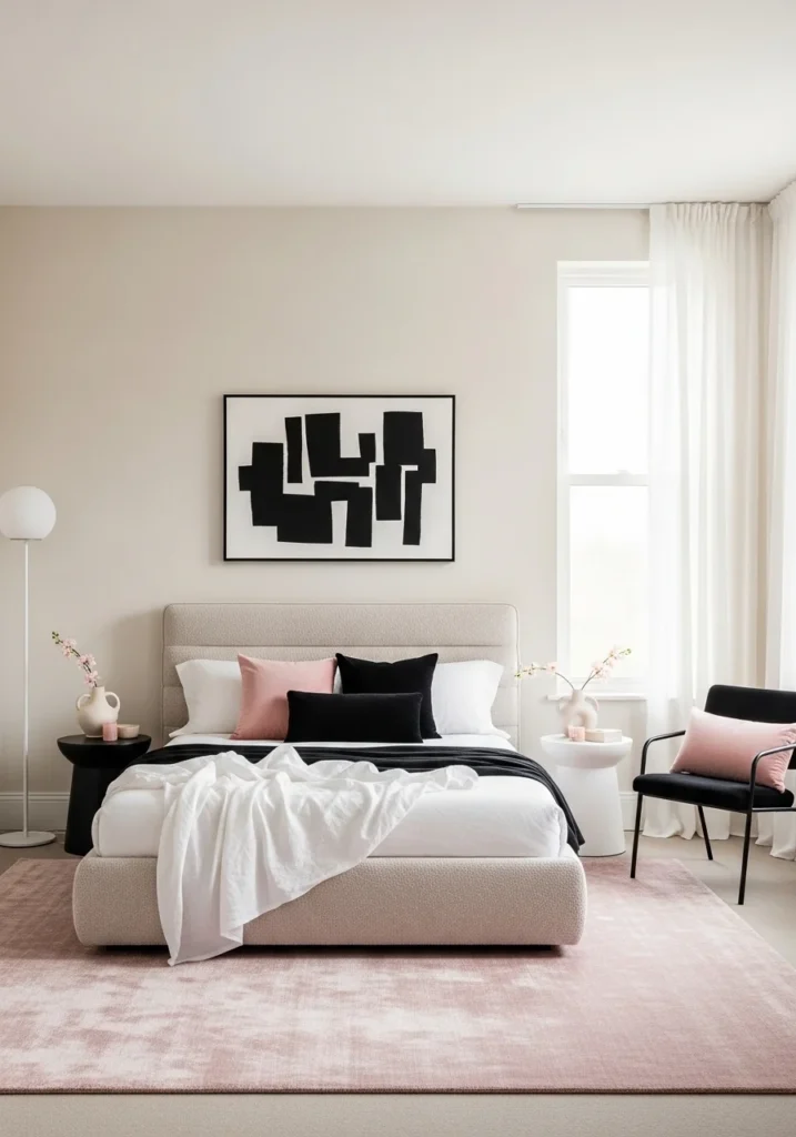 Pink and black bedroom balanced with neutral tones for a calm look