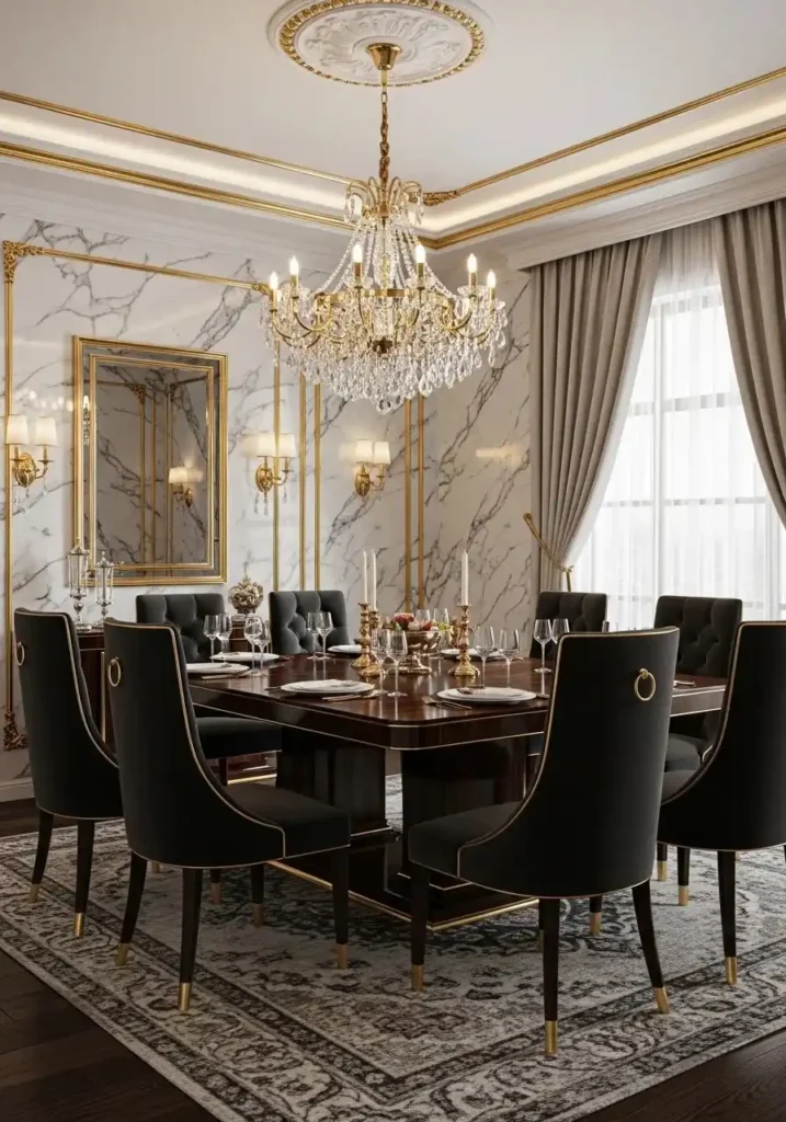 Marble wallpaper adding luxury feel to dining room wall