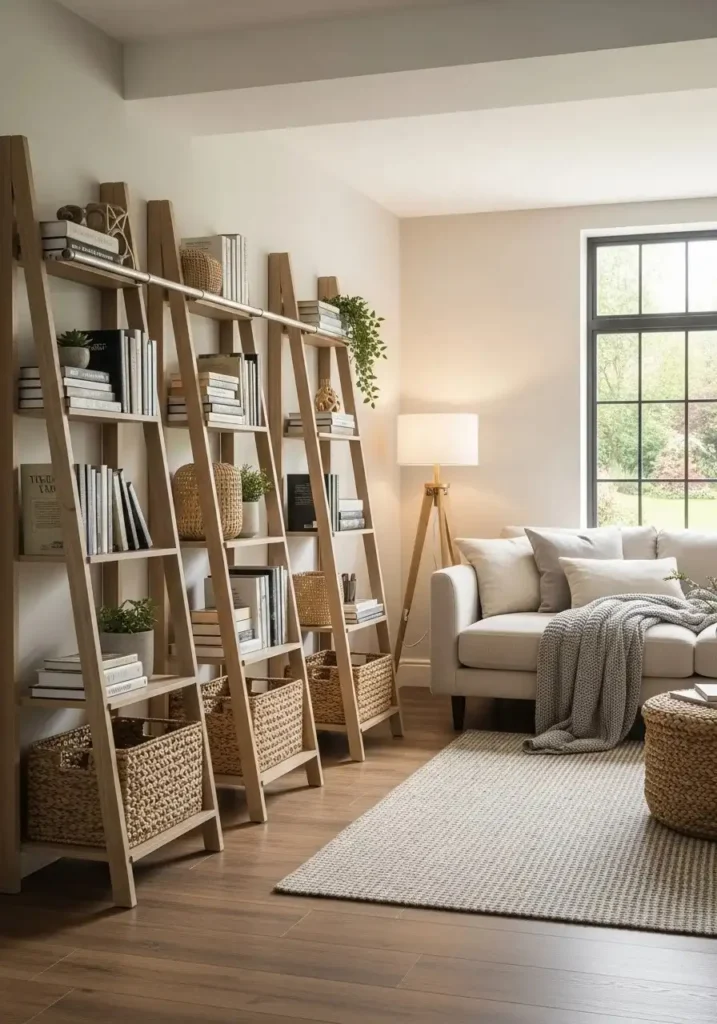 Ladder-style wall shelves leaning against wall for casual, functional, and stylish storage