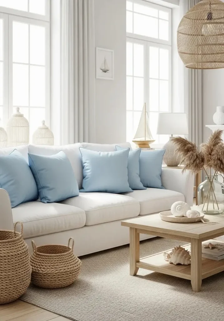 Sky blue and white living room color combination for coastal feel