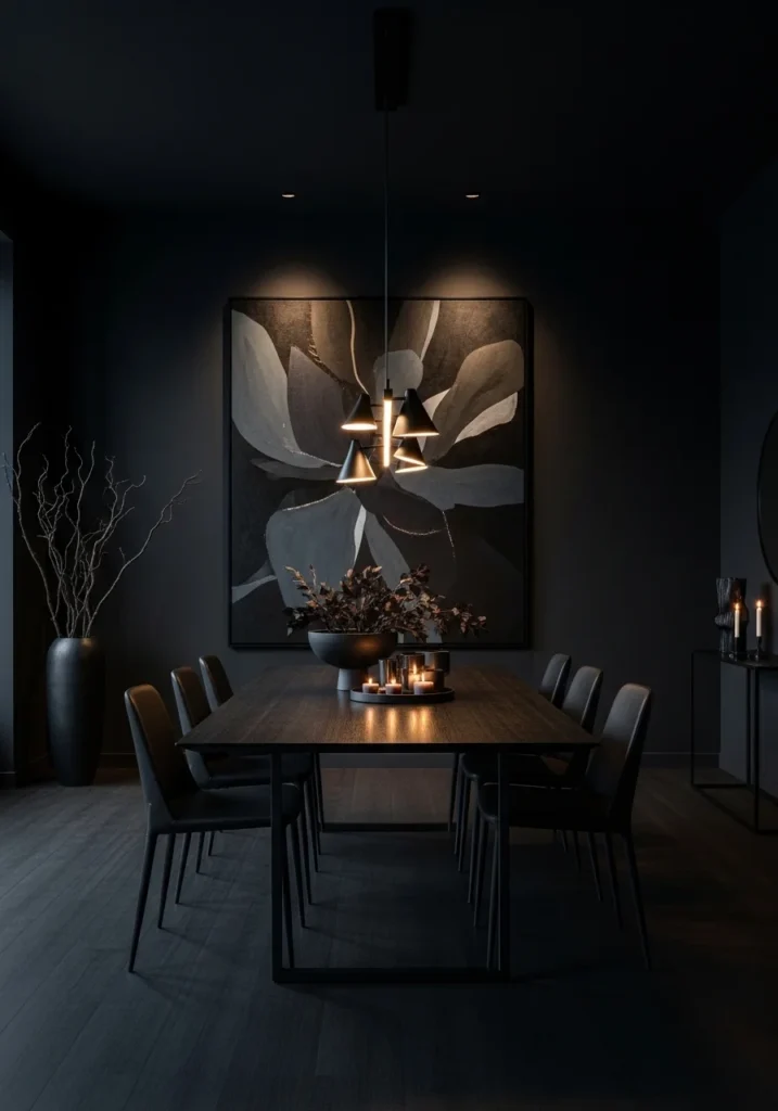 moody dining room with large wall art and bold design