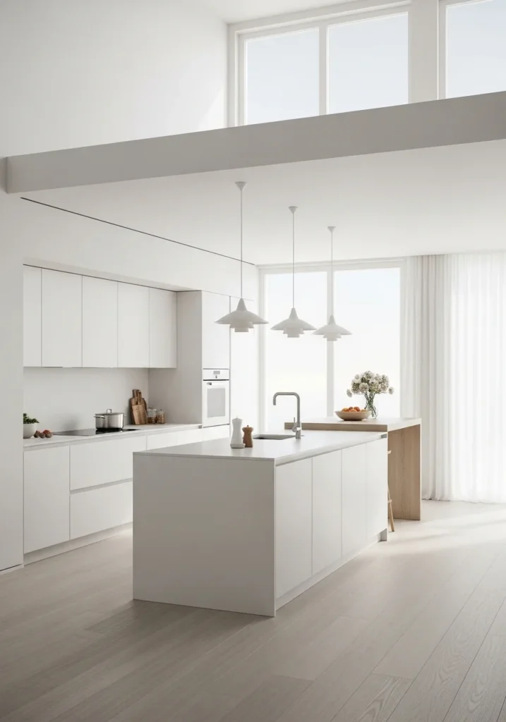open layout white kitchen airy modern design