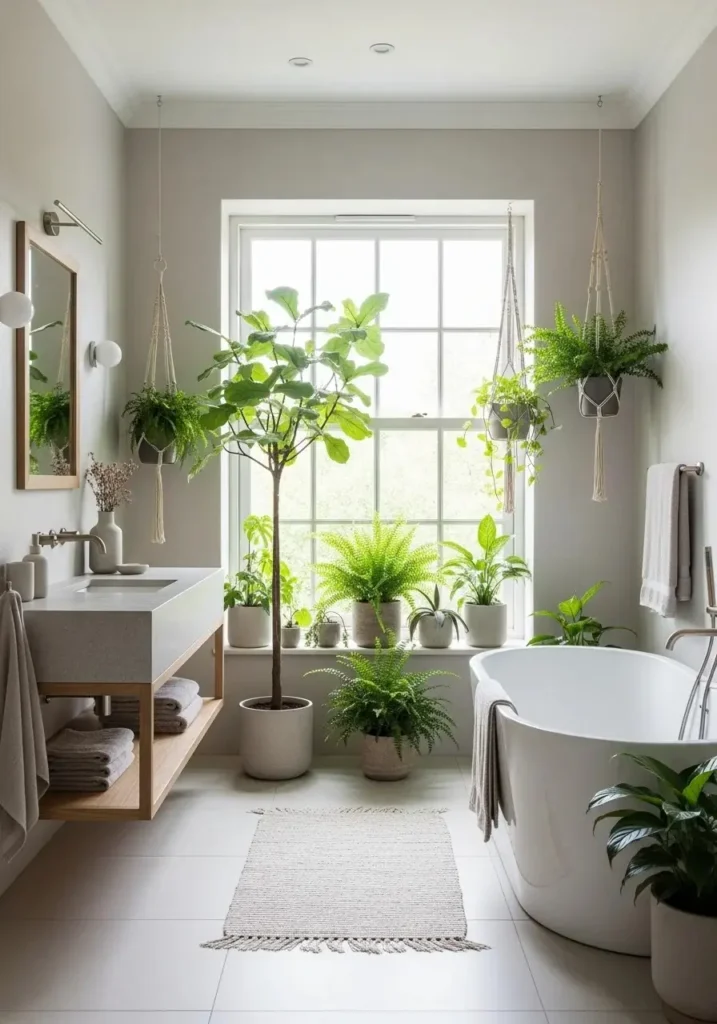 Bathroom with indoor plants creating a fresh natural atmosphere