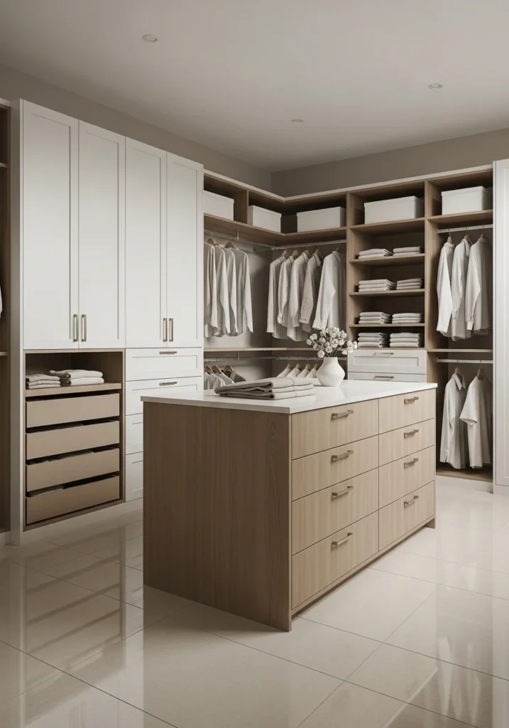 Neutral color palette closet creating a calm and clean look