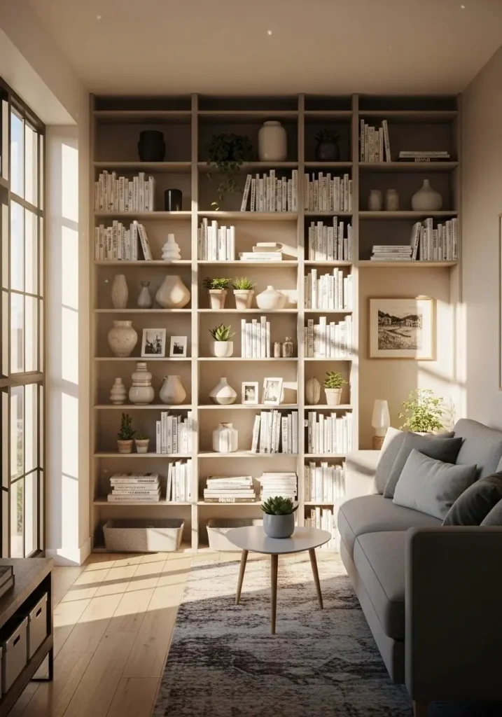 Vertical shelving in a small apartment living room for smart storage and vertical interest