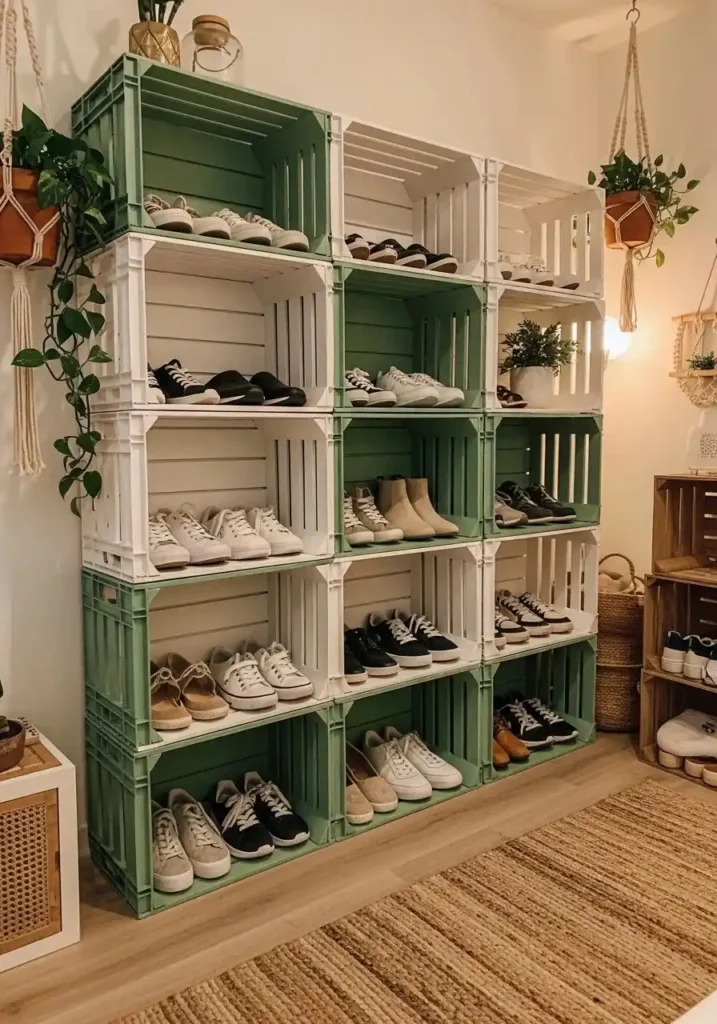 Stacked milk crate shoe storage idea for small spaces in a grid layout