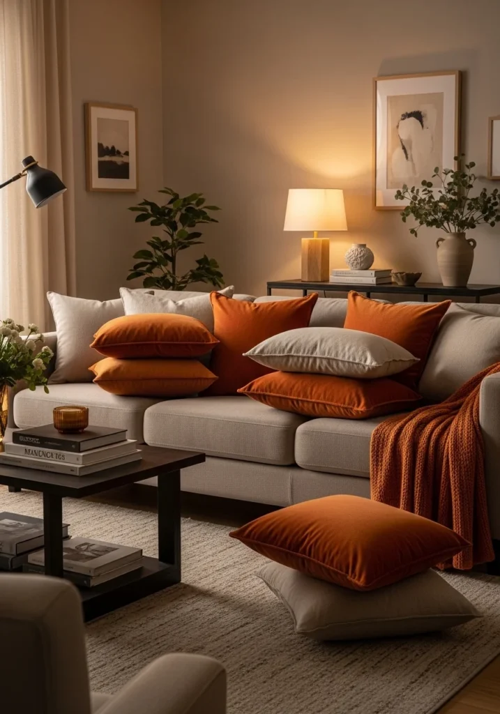 Burnt orange throw pillows adding texture and warmth to a cozy sofa setup