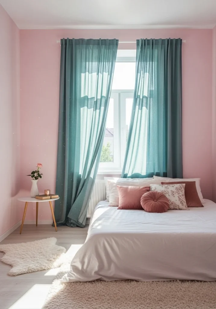 Light pink bedroom with elegant teal curtains and natural light