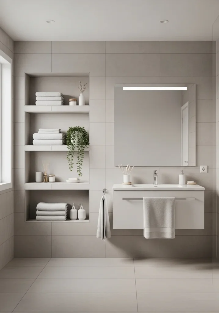 Built-in bathroom storage shelves creating a clean organized look