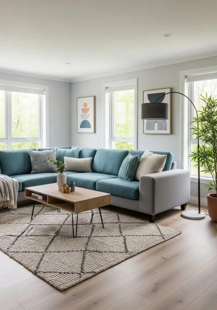 Teal and grey living room color combination for fresh modern look