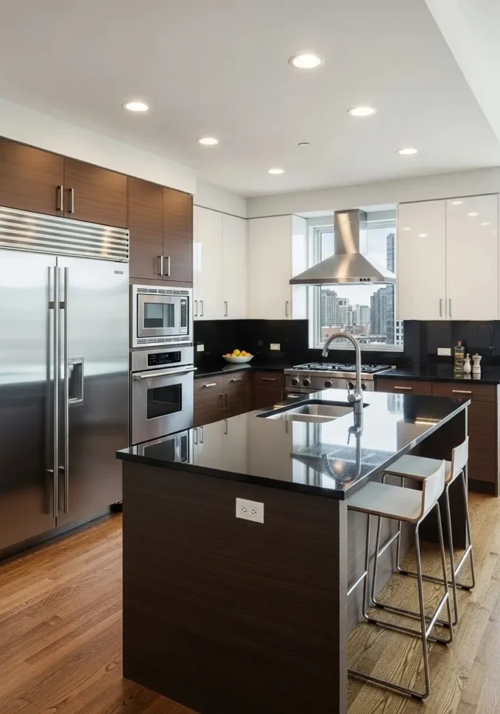 Black countertops with stainless steel appliances for modern kitchen