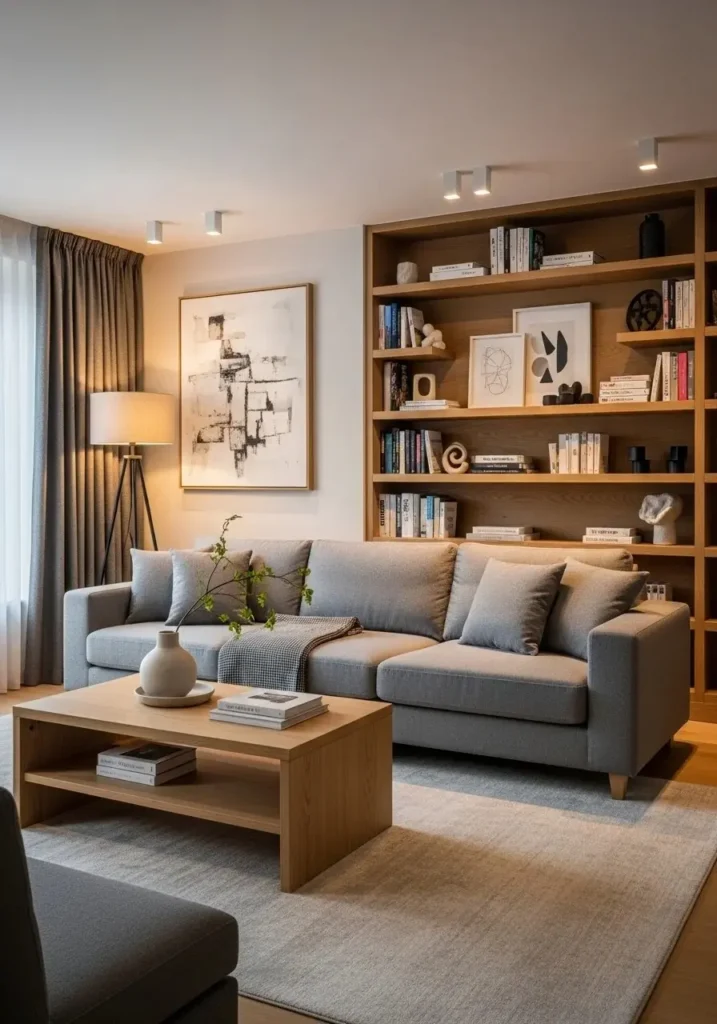 Grey and wood living room color combination for warm modern balance