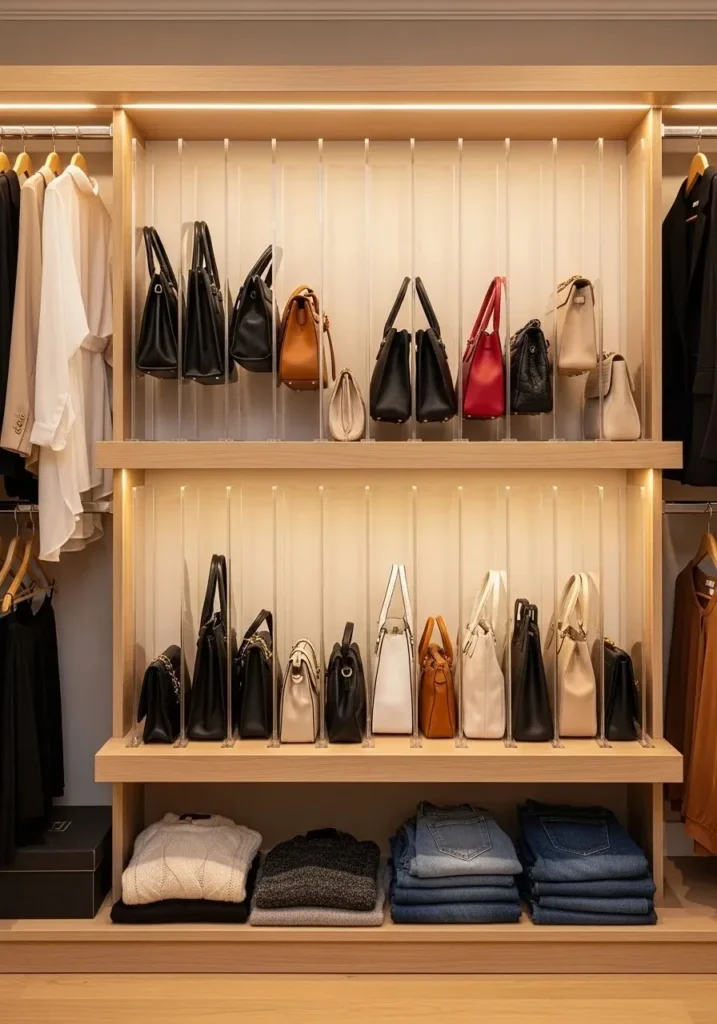 Vertical dividers organizing handbags neatly in closet