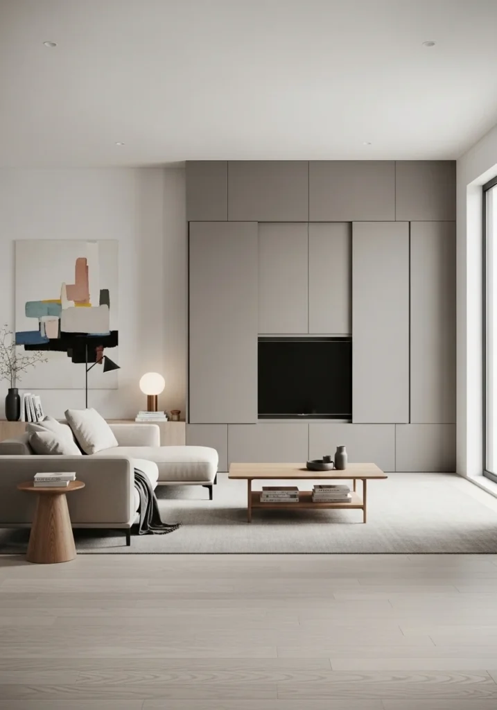 Hidden TV cabinet wall with sliding panels in minimalist living room