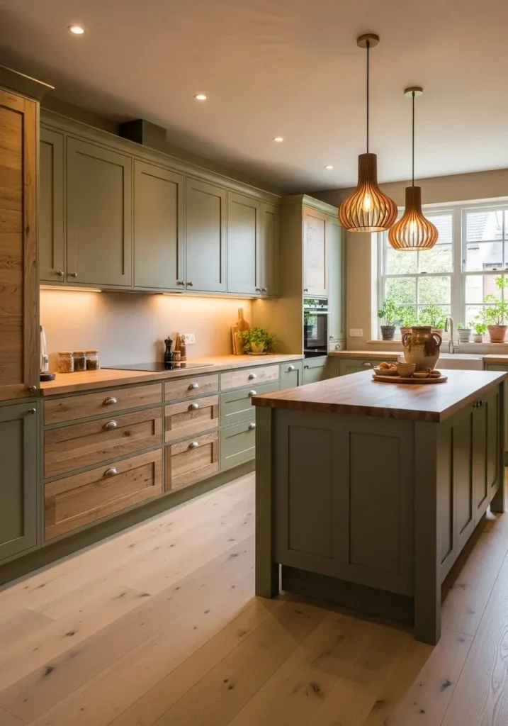 Olive green kitchen cabinets with warm earthy design