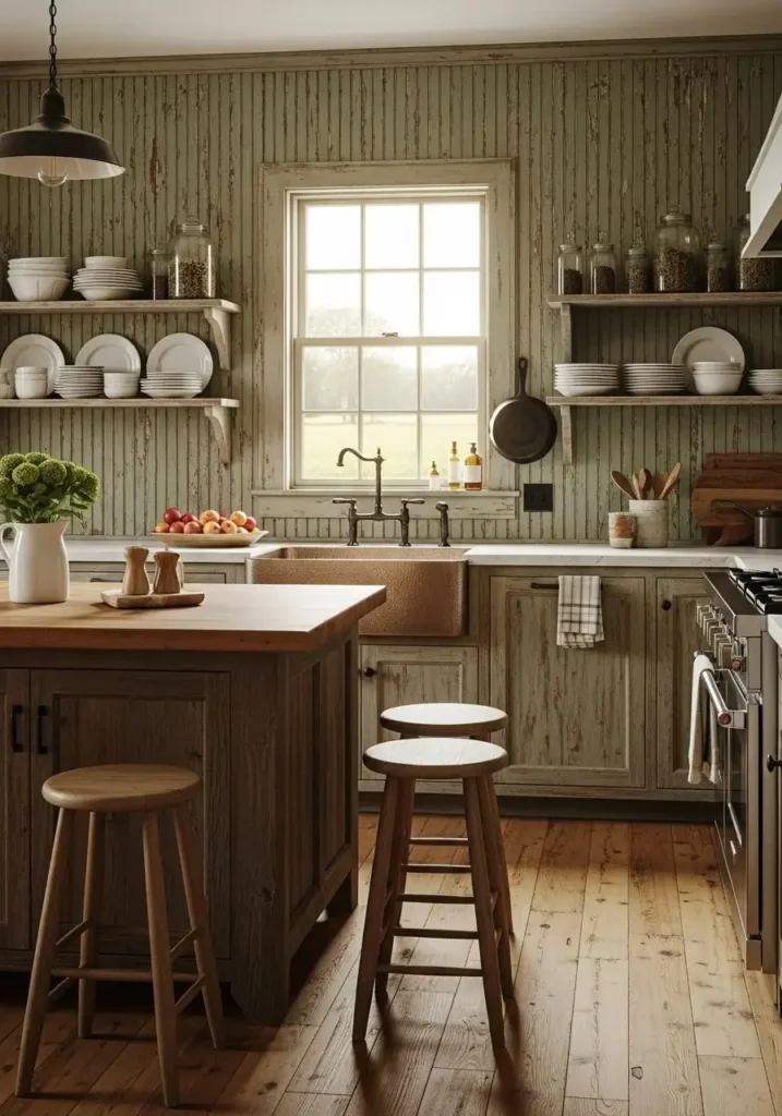 Distressed beadboard backsplash adding rustic antique charm to kitchen