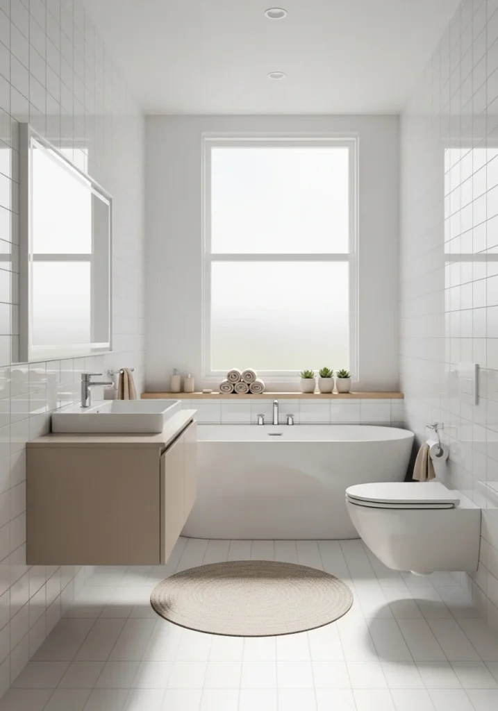 Light color tiles making small bathroom with tub feel bright and spacious