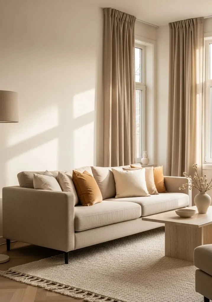 Luxury neutral living room with layered textures including linen sofa, velvet cushions, and wool rug in warm beige tones.