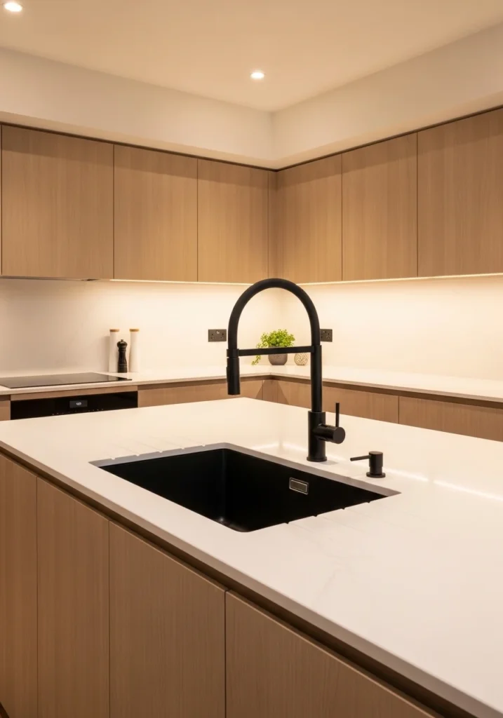 Matte black kitchen sink with white countertops and modern wood cabinets