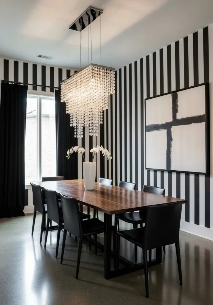 Black and white wallpaper creating bold dining room contrast