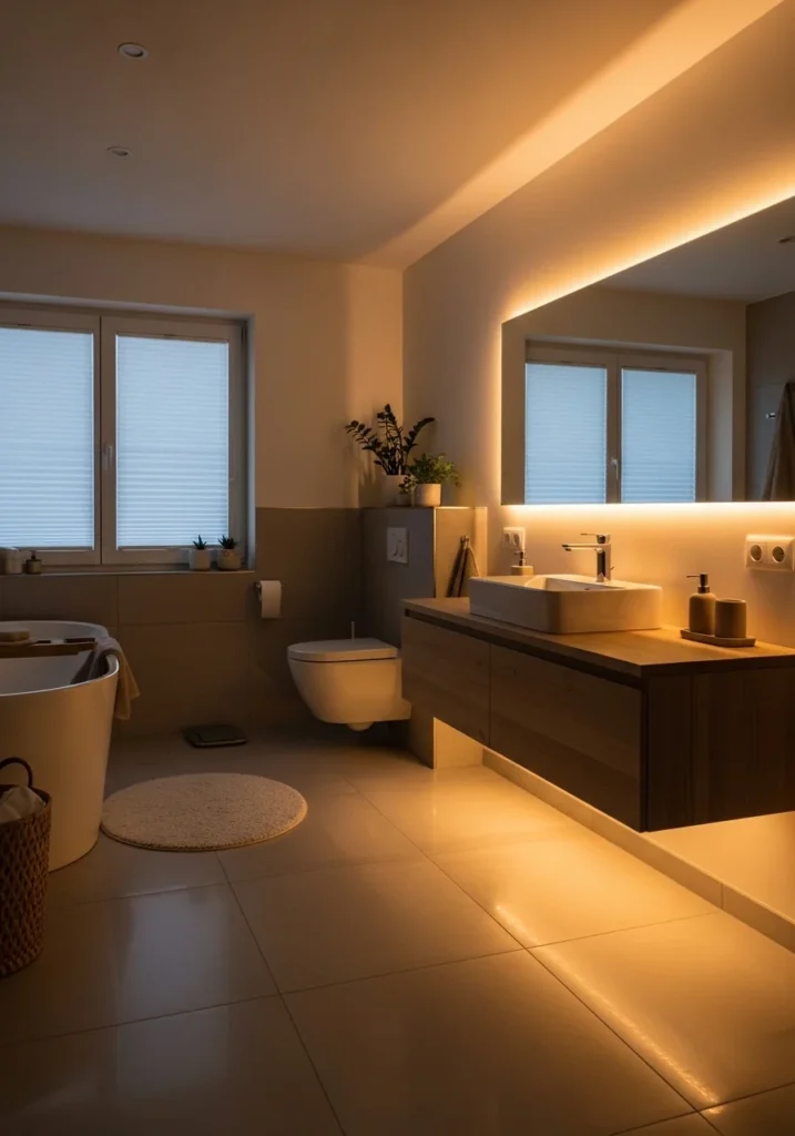 Warm lighting bathroom creating a cozy and relaxing mood