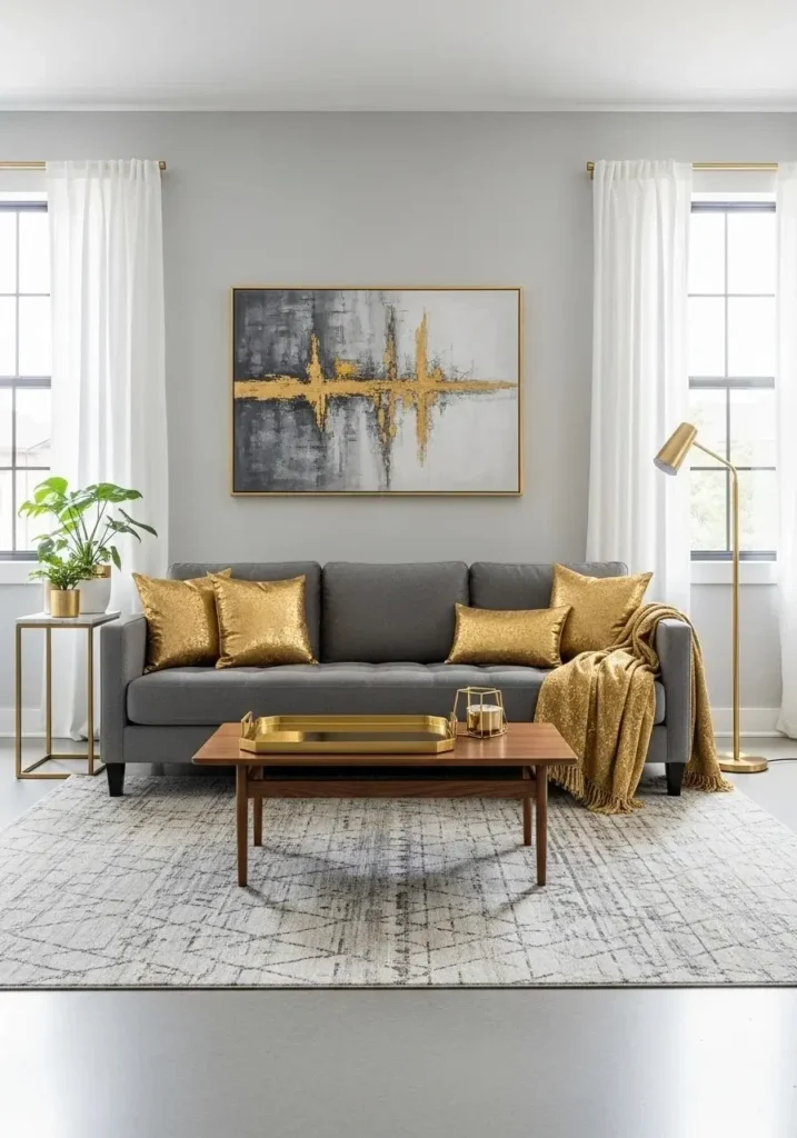 Grey couch with metallic accents adding elegance and shine