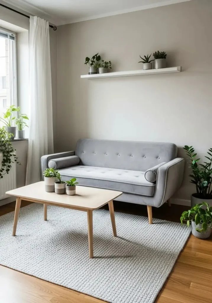 Compact cozy sofa in a small apartment living room with light grey fabric and minimalist decor