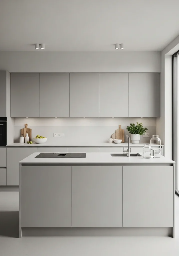 Light gray kitchen cabinets with modern minimalist design