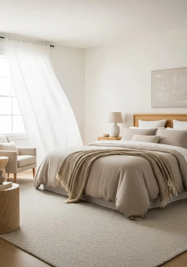 Soft neutral master bedroom with calming beige and white tones