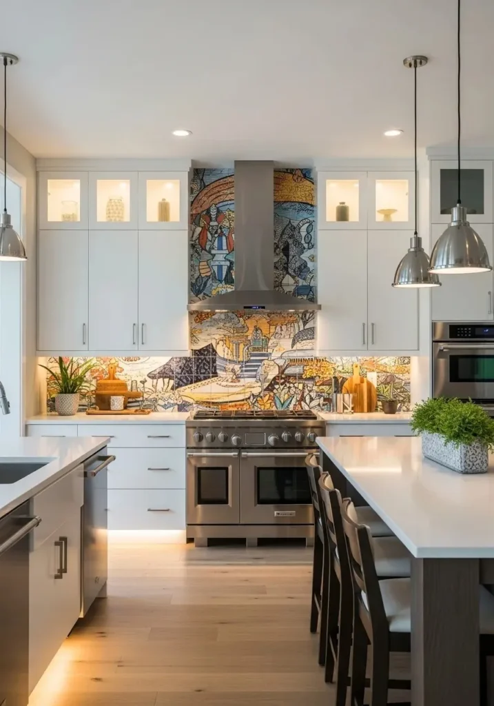 Decorative tile mural backsplash creating a statement kitchen wall