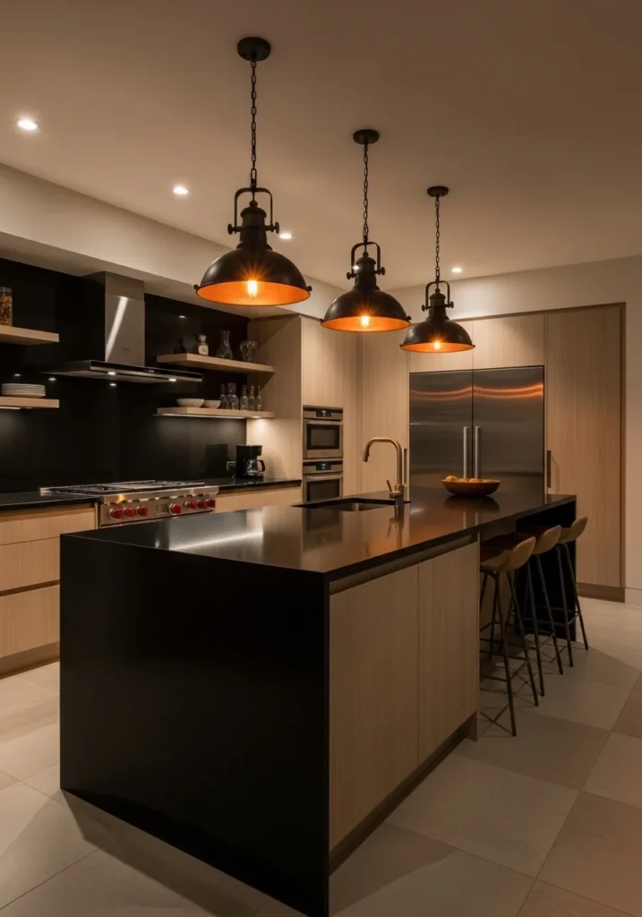 Statement pendant lighting above black countertop kitchen island