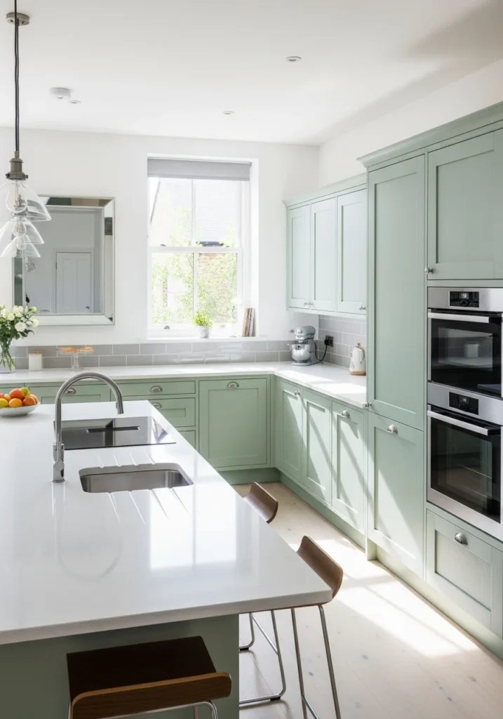Pistachio green kitchen cabinets with modern clean look