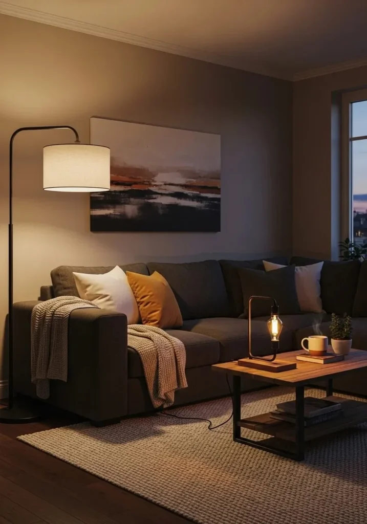 Grey couch enhanced with layered warm lighting for a cozy mood