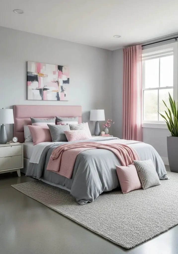 Pink and grey bedroom design for a modern and balanced look