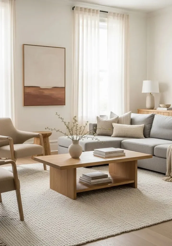 Low wooden coffee table in Japandi living room