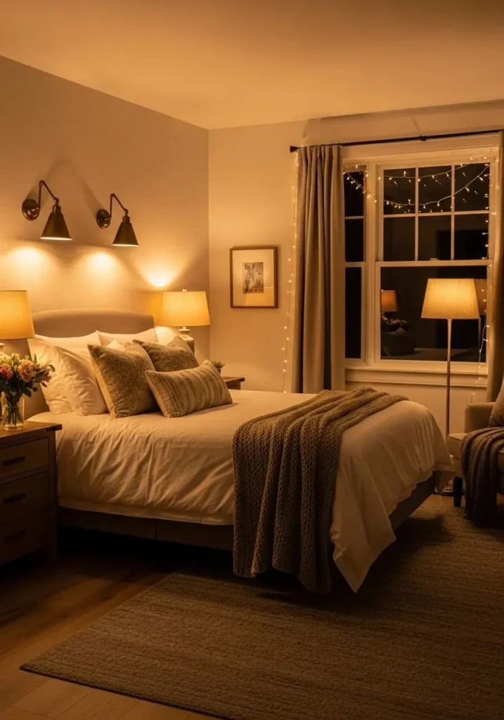 Guest bedroom with soft, warm lighting for a relaxing and inviting ambiance