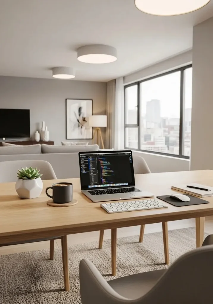 Dining table used as workspace in living dining combo layout